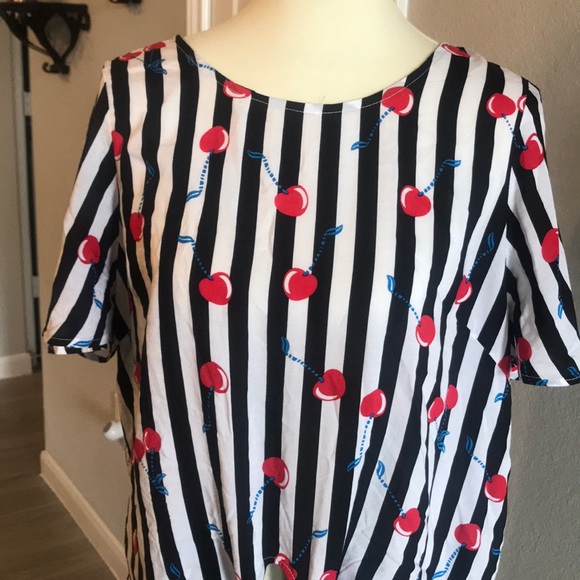 Cynthia Rowley Black & White Striped Cherry Print  Shirt - Picture 2 of 4